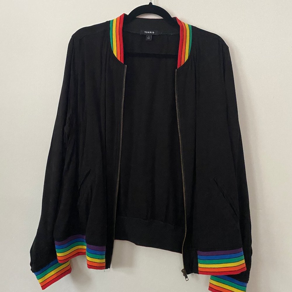 TORRID - NWOT Black Bomber Jacket with Rainbow Stripe Details